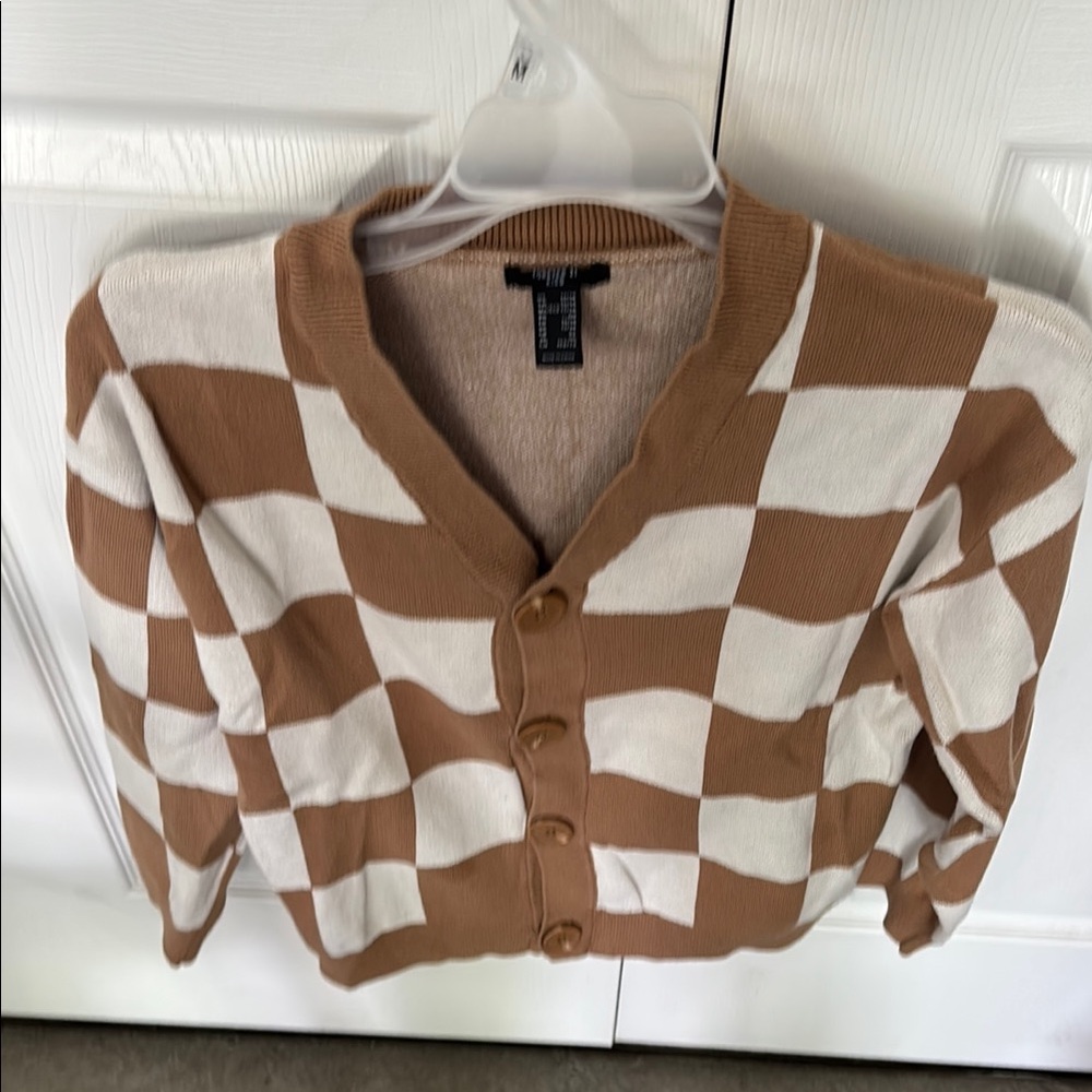 Forever 21 Brown and White Checkered Cardigan kids 13/14